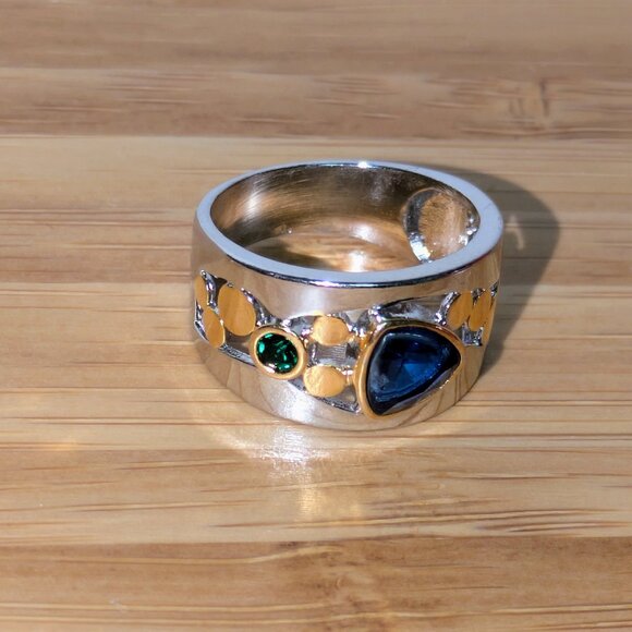 Gold & Silver Ring with Green and Blue CZ Stones – Like New - Picture 3 of 4